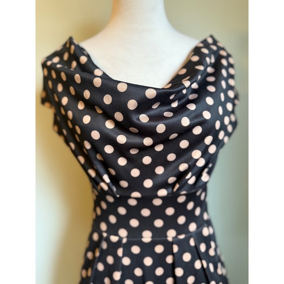 Pink Martini Black Beige Polka Dot Draped Neck Sheath Dress S retro whimsi Y2K - Picture 2 of 5
